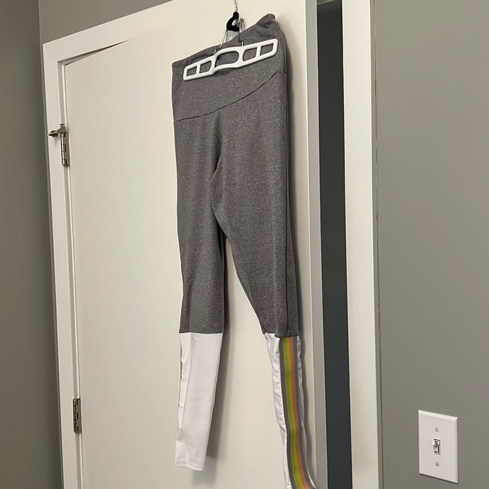 Grey onzie yoga pants with rainbow and white leg